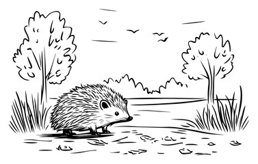 Adorable hedgehog wandering beside quiet lakeside meadow – gentle wildlife countryside sketch illustration © Luka