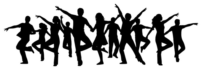 Dynamic dancer silhouettes performing an energetic group routine – modern party icon illustration