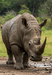 Fototapeta premium Adult Rhinoceros Standing in Natural Grassland Environment with Muddy Ground and Green Trees