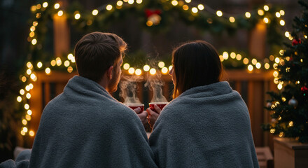 Fototapeta premium Couple wrapped in blankets enjoying warm drinks by Christmas lights 