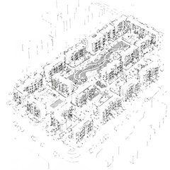 Isometric architectural drawing of a contemporary urban housing development, showcasing integrated green spaces and thoughtful community planning.