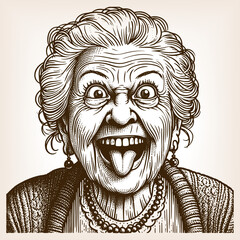 Obraz premium cheerful elderly woman, sticking her tongue out playfully, sketch engraving generative ai fictional character vector illustration. Scratch board imitation. Black and white image.