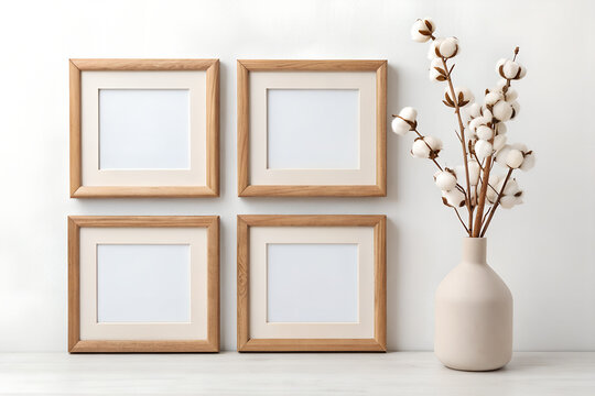 Four square wooden picture frames mockup with cotton flower arrangement