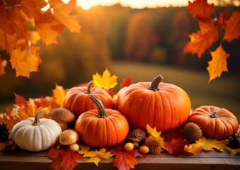 Autumn Decoration with Pumpkins sun Leafs in Warm Colors