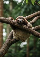 Obraz premium Smiling Sloth Hanging on Tree Branch in Lush Green Forest Scene
