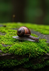 Brown Snail Moving on Green Mossy Log in Natural Forest Setting