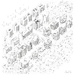 Obraz premium An intricate black and white isometric line drawing illustrates a bustling urban cityscape, showcasing a dense arrangement of residential and commercial buildings.