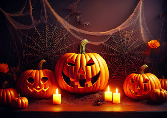 Halloween Decoration with Pumpkins and Leafs in Warm Colors