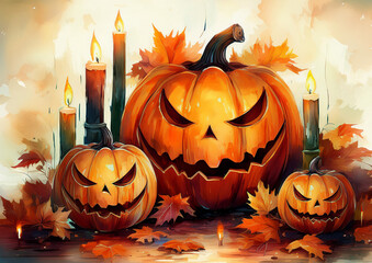 Halloween Decoration with Pumpkins and Leafs in Warm Colors