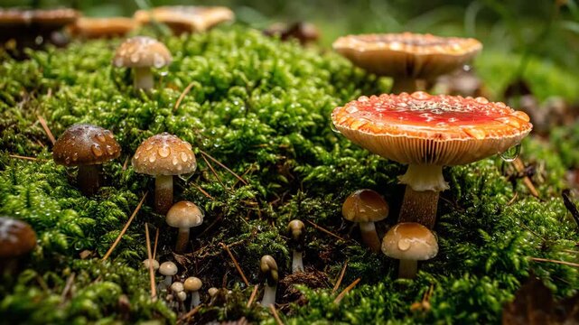 Diverse fungi and mushrooms sprout and grow on a mossy forest floor after a refreshing rain nature, ecology, mushrooms