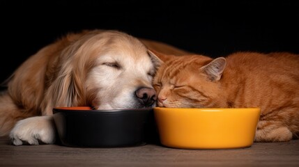 Peaceful dog cat sleeping together with bowls