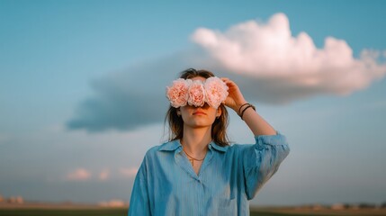 Woman wearing pink flowers as sunglasses in serene landscape