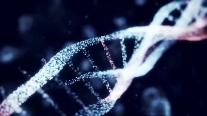 Futuristic digital animation of a glowing DNA double helix strand rotating in a dark abstract space representing genetic research biotechnology and medical innovation. - Powered by Adobe