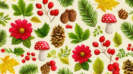 Autumn nature pattern with leaves, berries, mushrooms pinecones