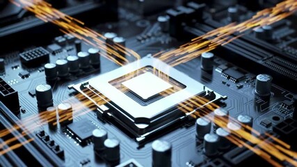 Futuristic visualization of a powerful central processing unit with glowing light trails symbolizing highspeed data transfer network communication and advanced artificial intelligence computing on a . - Powered by Adobe