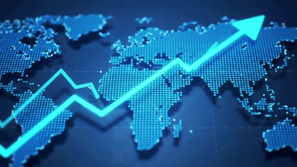 Global business growth and financial success concept with a glowing blue arrow chart moving upwards over a digital world map representing stock market trends and economic recovery. - Powered by Adobe