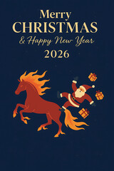 Festive humorous digital illustration of Santa Claus falling off a fiery horse with flaming mane and tail, dropping gifts on a dark blue background. Concept of Merry Christmas and Happy New Year 2026,