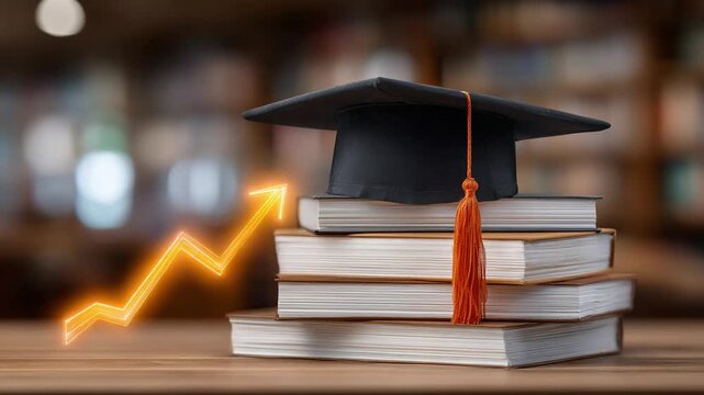 Education and Advancement: A cap and books are topped with a growing yellow arrow, symbolizing the trajectory of scholastic progress.