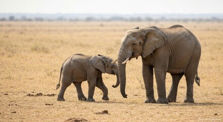 Fototapeta premium A mother elephant gently touches her calf