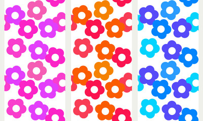 Seamless Groovy 70s Flower Patterns in Purple, Orange Red and Blue Colors