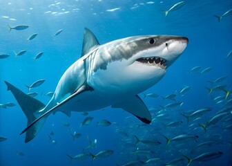 Fototapeta premium Great white shark, jaws agape, underwater