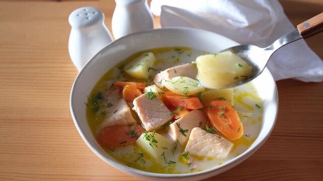 Finnish salmon soup with potatoes, carrots, and cream.