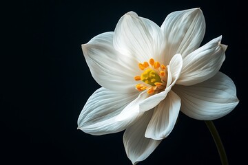 Dreamy white flower blossom close up with golden stamen on elegant dark background for peaceful serene projects