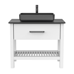 White wash basin cabinet with black sink and faucet on transparent background