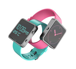 Smartwatches with different colored straps on transparent background