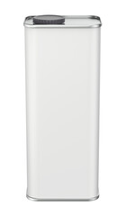 Front view of white blank round tin bottle for olive oil, motor oil or other liquids on transparent background