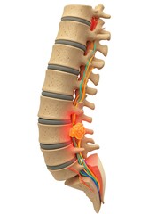 Detailed Medical Illustration of Human Spine with Herniated Disc and Nerve Compression