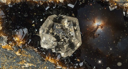 Large Clear Diamond with Black and Gold Minerals in Cosmic Space Scene