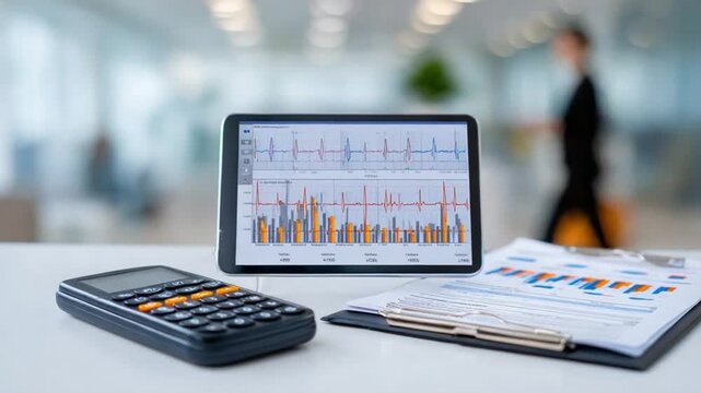 Business Analysis Station: An image of office environment with essential tools for business, focusing on a data-driven landscape and decision-making tools for strategic planning.