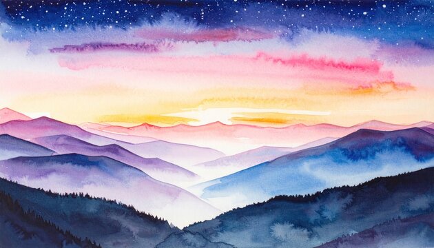 Watercolor mountain landscape at sunrise - Powered by Adobe