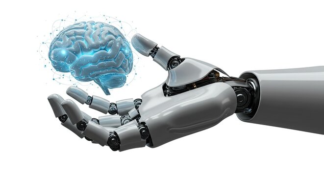 A robotic hand cradles a glowing, futuristic representation of a human brain, symbolizing artificial intelligence and advanced technology.
