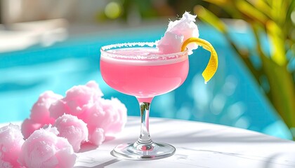 Pink cocktail with cotton candy garnish by a pool