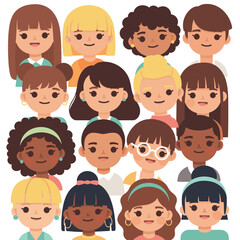 Cartoon illustration of diverse group of people with various hairstyles and skin tones on white background