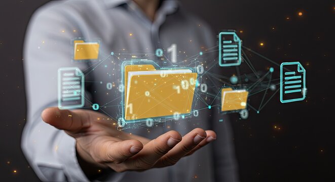 Businessman holding a holographic interface displaying a digital document management system with interconnected folders and files.