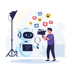 Man filming a robot with social media icons floating around in a bright studio setting vector art