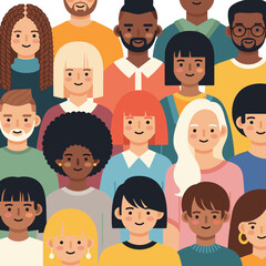 Illustration showing a diverse group of people with various hairstyles and skin tones together smiling