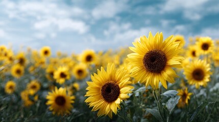 Fototapeta premium A vibrant field of yellow sunflowers under a bright blue sky with scattered clouds capturing the essence of summer and natural beauty