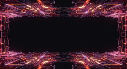 Abstract technology frame with glowing lines and dark center.