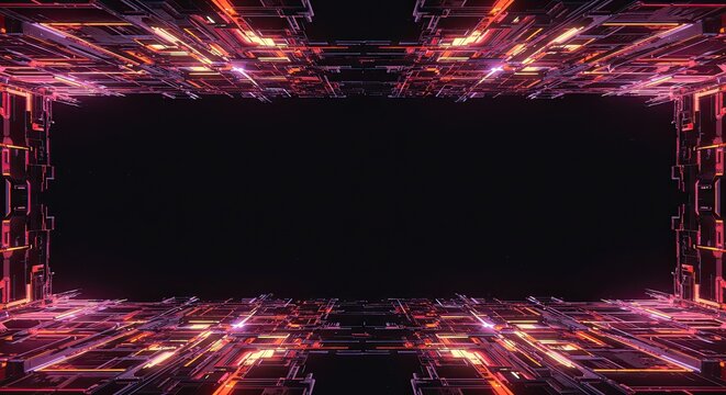 Abstract technology frame with glowing lines and dark center.