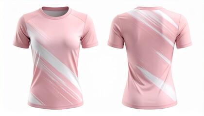 Pink and white women's T-shirt mockup showcasing front and back views, ideal for apparel design promotion,  Stylish female athletic shirt mockup with a modern, brushed design