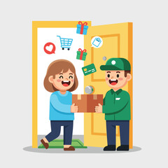 Delivery man handing package to woman at door with online shopping icons floating above them smiling