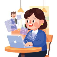 Woman shopping online with laptop and floating icons of clothing and accessories in a bright setting