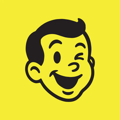 Retro cartoon boy face winking illustration on yellow background