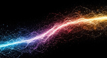 A dynamic and colorful abstract energy wave with sparkling particles against a dark background, transitioning from cool to warm tones.