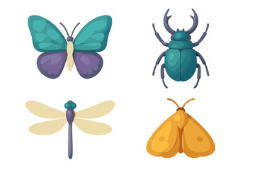 Vibrant stylized insect collection with butterfly, stag beetle, dragonfly, and moth on white background