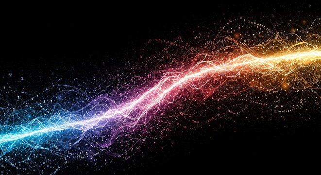A dynamic and colorful abstract energy wave with sparkling particles against a dark background, transitioning from cool to warm tones.